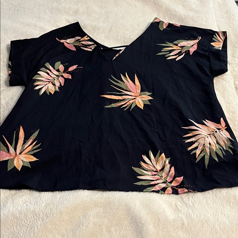 Floral Print Black V-Neck Women’s Top